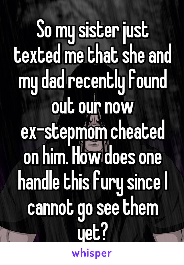 So my sister just texted me that she and my dad recently found out our now ex-stepmom cheated on him. How does one handle this fury since I cannot go see them yet?