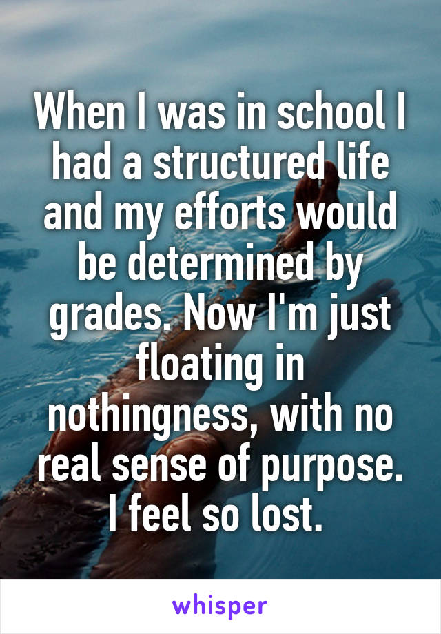 When I was in school I had a structured life and my efforts would be determined by grades. Now I'm just floating in nothingness, with no real sense of purpose. I feel so lost. 