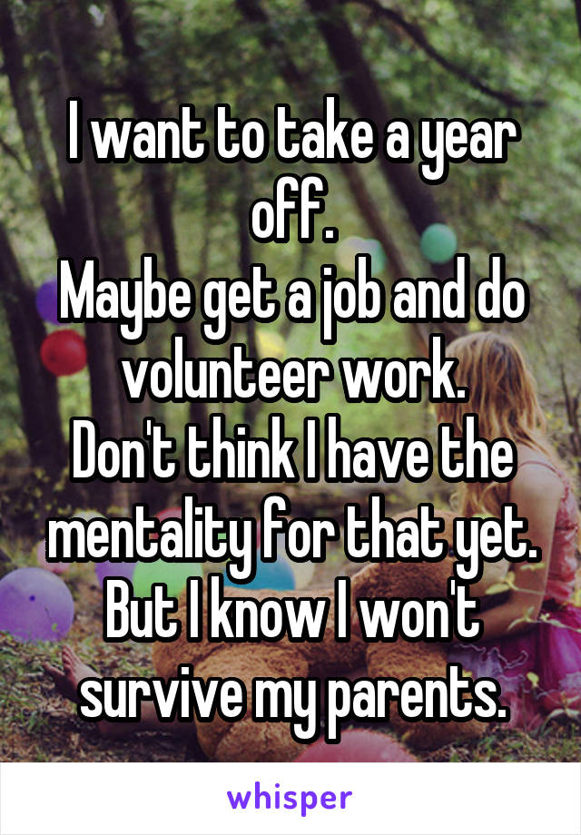 I want to take a year off.
Maybe get a job and do volunteer work.
Don't think I have the mentality for that yet.
But I know I won't survive my parents.