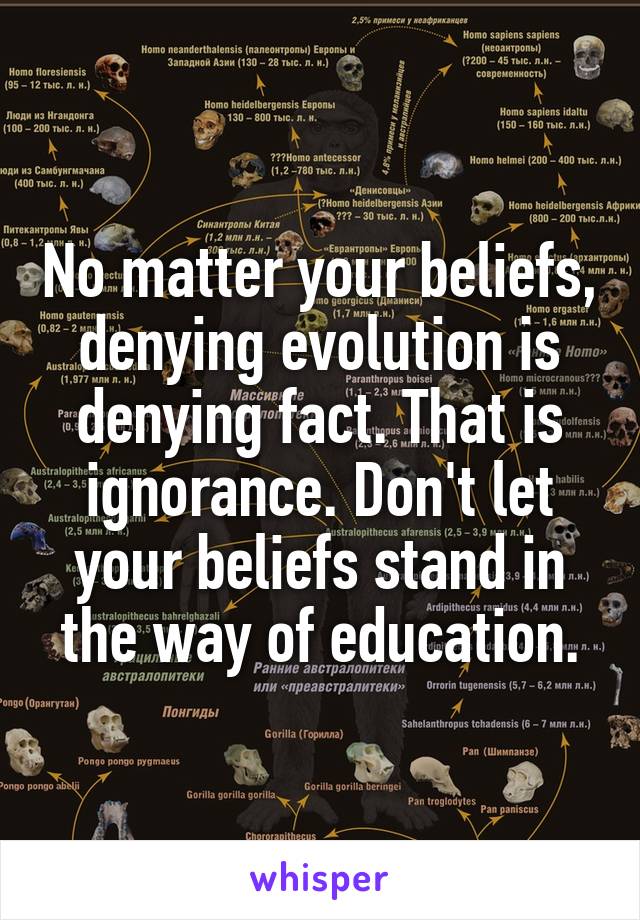 No matter your beliefs, denying evolution is denying fact. That is ignorance. Don't let your beliefs stand in the way of education.