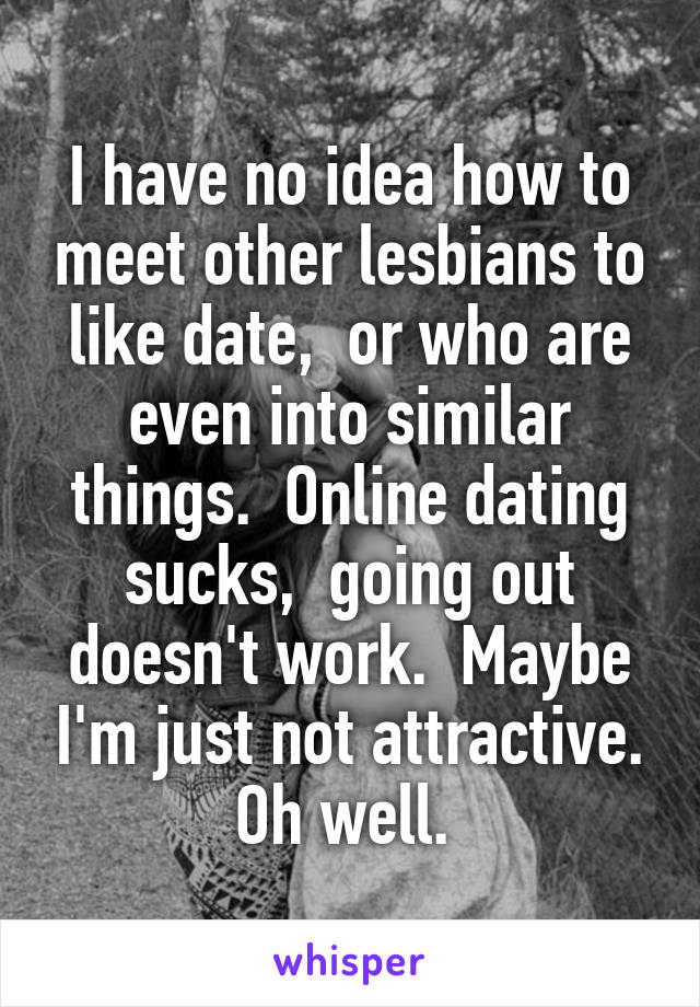 I have no idea how to meet other lesbians to like date,  or who are even into similar things.  Online dating sucks,  going out doesn't work.  Maybe I'm just not attractive. Oh well. 