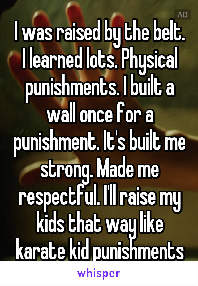I was raised by the belt. I learned lots. Physical punishments. I built a wall once for a punishment. It's built me strong. Made me respectful. I'll raise my kids that way like karate kid punishments