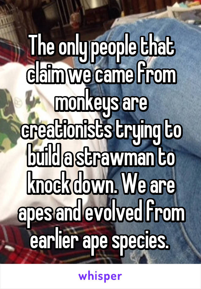 The only people that claim we came from monkeys are creationists trying to build a strawman to knock down. We are apes and evolved from earlier ape species. 