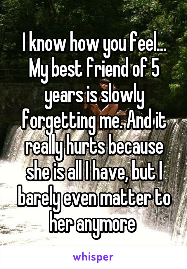 I know how you feel...
My best friend of 5 years is slowly forgetting me. And it really hurts because she is all I have, but I barely even matter to her anymore 