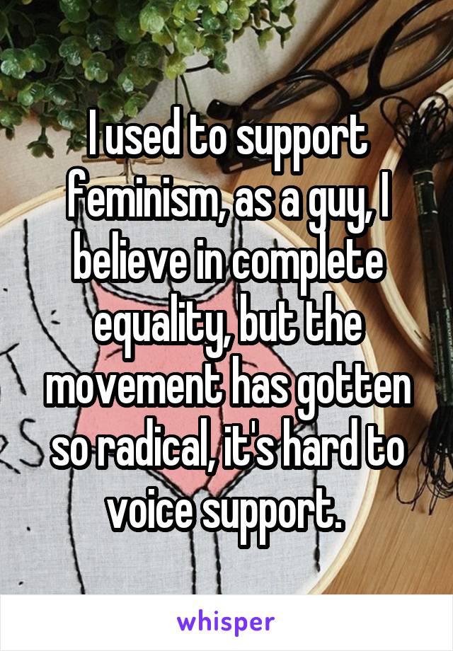 I used to support feminism, as a guy, I believe in complete equality, but the movement has gotten so radical, it's hard to voice support. 