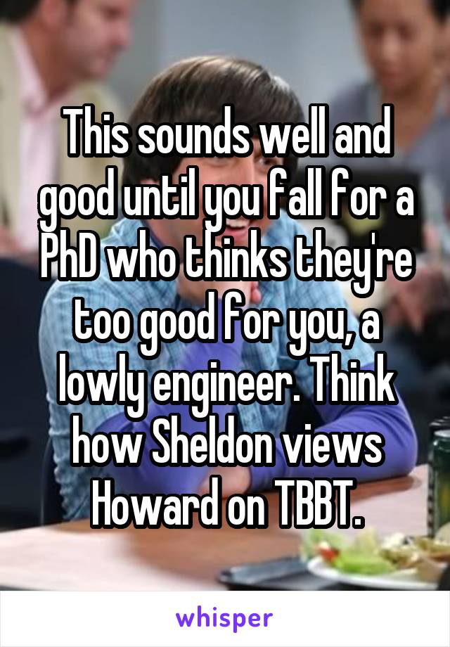 This sounds well and good until you fall for a PhD who thinks they're too good for you, a lowly engineer. Think how Sheldon views Howard on TBBT.