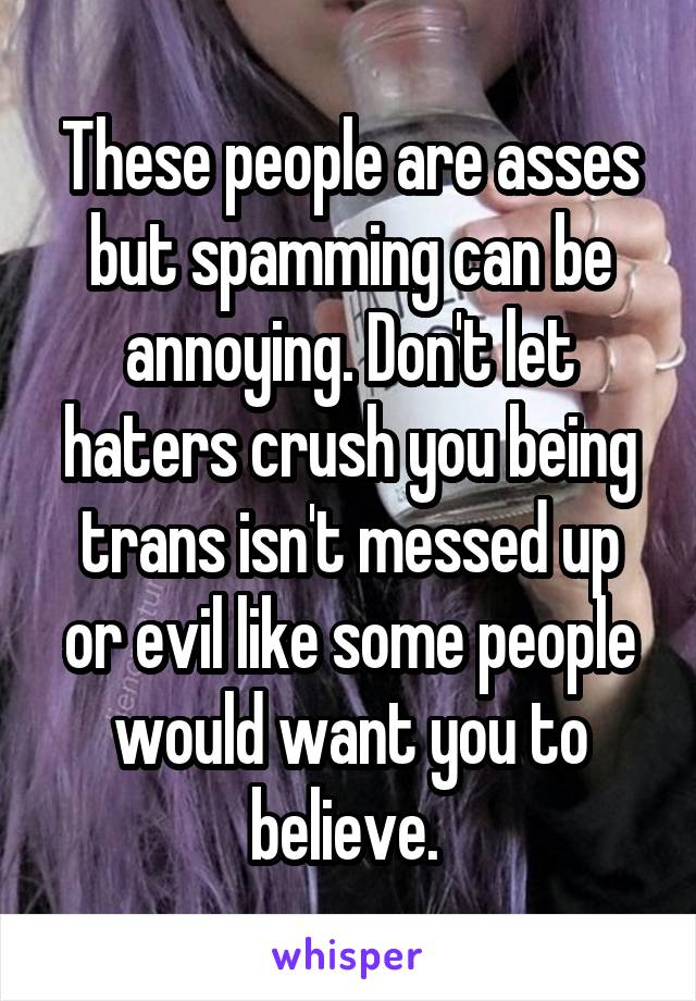 These people are asses but spamming can be annoying. Don't let haters crush you being trans isn't messed up or evil like some people would want you to believe. 