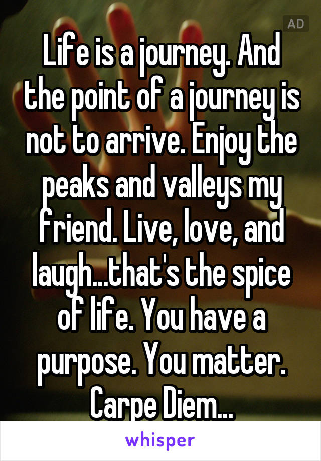 Life is a journey. And the point of a journey is not to arrive. Enjoy the peaks and valleys my friend. Live, love, and laugh...that's the spice of life. You have a purpose. You matter. Carpe Diem...