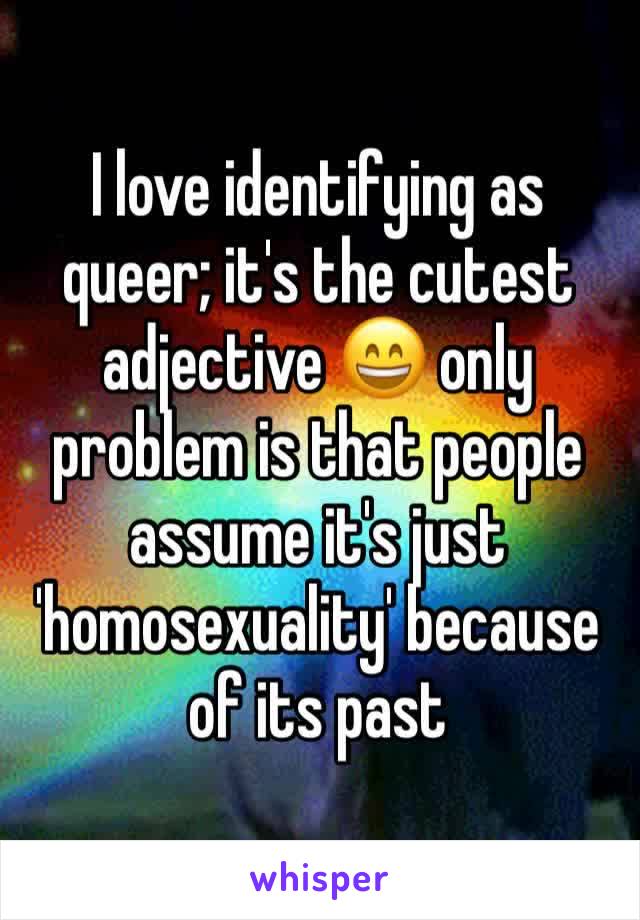 I love identifying as queer; it's the cutest adjective 😄 only problem is that people assume it's just 'homosexuality' because of its past