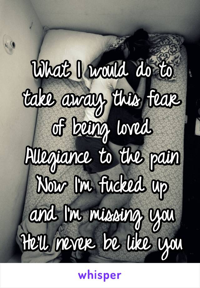 
What I would do to take away this fear of being loved
Allegiance to the pain
Now I'm fucked up and I'm missing you
He'll never be like you