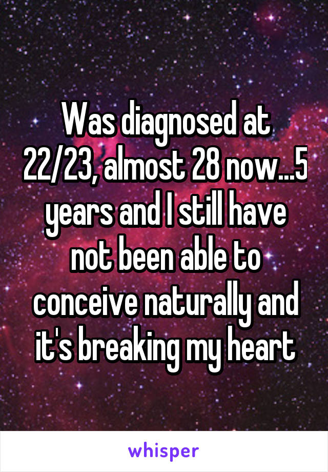 Was diagnosed at 22/23, almost 28 now...5 years and I still have not been able to conceive naturally and it's breaking my heart