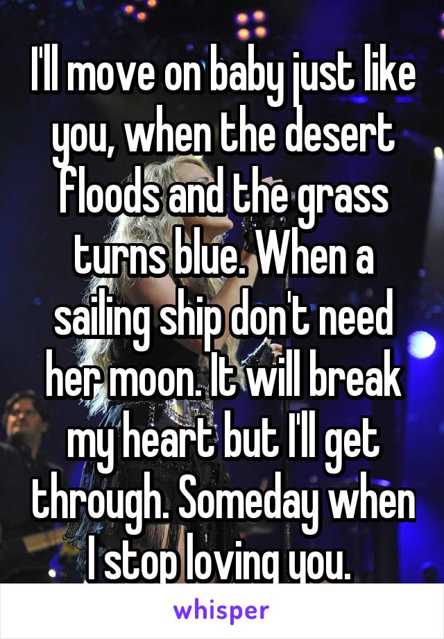 I'll move on baby just like you, when the desert floods and the grass turns blue. When a sailing ship don't need her moon. It will break my heart but I'll get through. Someday when I stop loving you. 