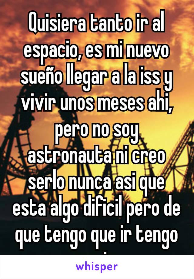 Quisiera tanto ir al espacio, es mi nuevo sueño llegar a la iss y vivir unos meses ahi, pero no soy astronauta ni creo serlo nunca asi que esta algo dificil pero de que tengo que ir tengo que ir.