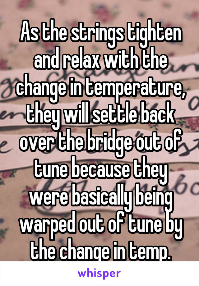 As the strings tighten and relax with the change in temperature, they will settle back over the bridge out of tune because they were basically being warped out of tune by the change in temp.