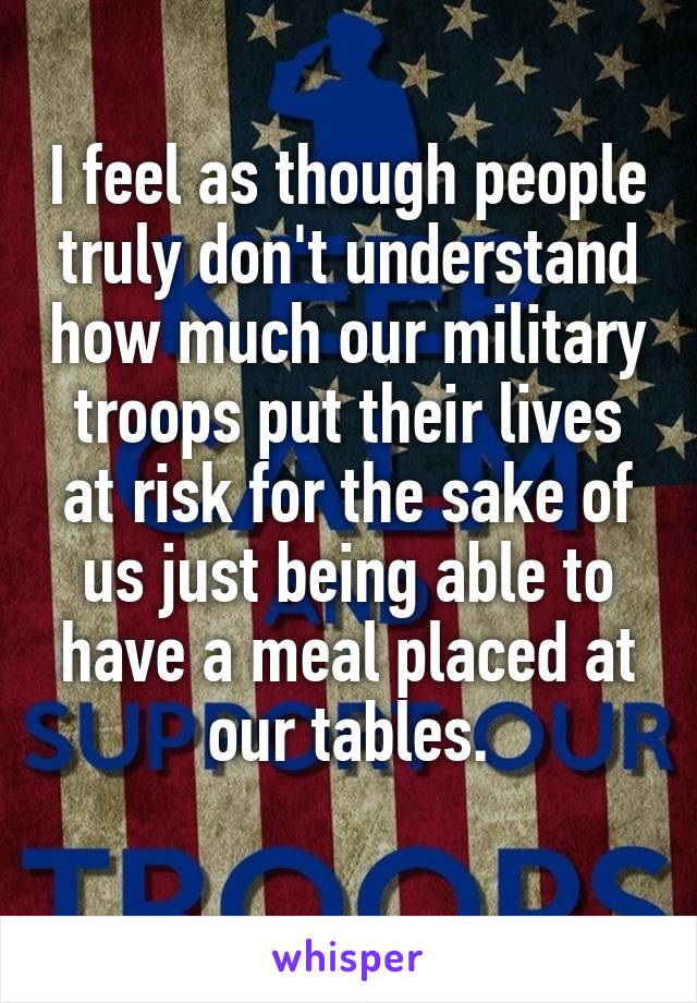 I feel as though people truly don't understand how much our military troops put their lives at risk for the sake of us just being able to have a meal placed at our tables.
