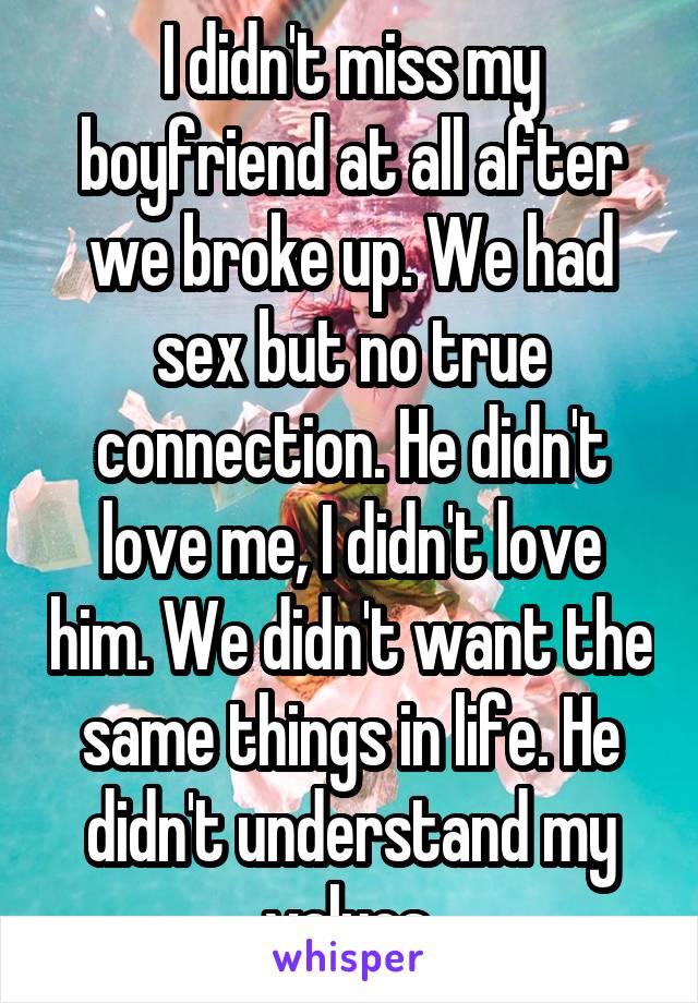 I didn't miss my boyfriend at all after we broke up. We had sex but no true connection. He didn't love me, I didn't love him. We didn't want the same things in life. He didn't understand my values.