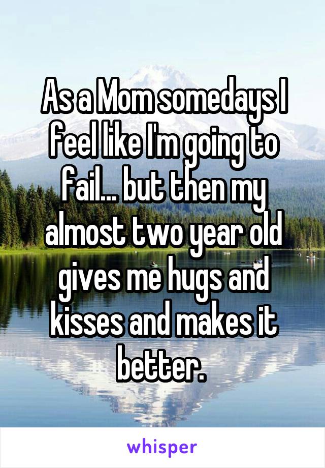 As a Mom somedays I feel like I'm going to fail... but then my almost two year old gives me hugs and kisses and makes it better. 