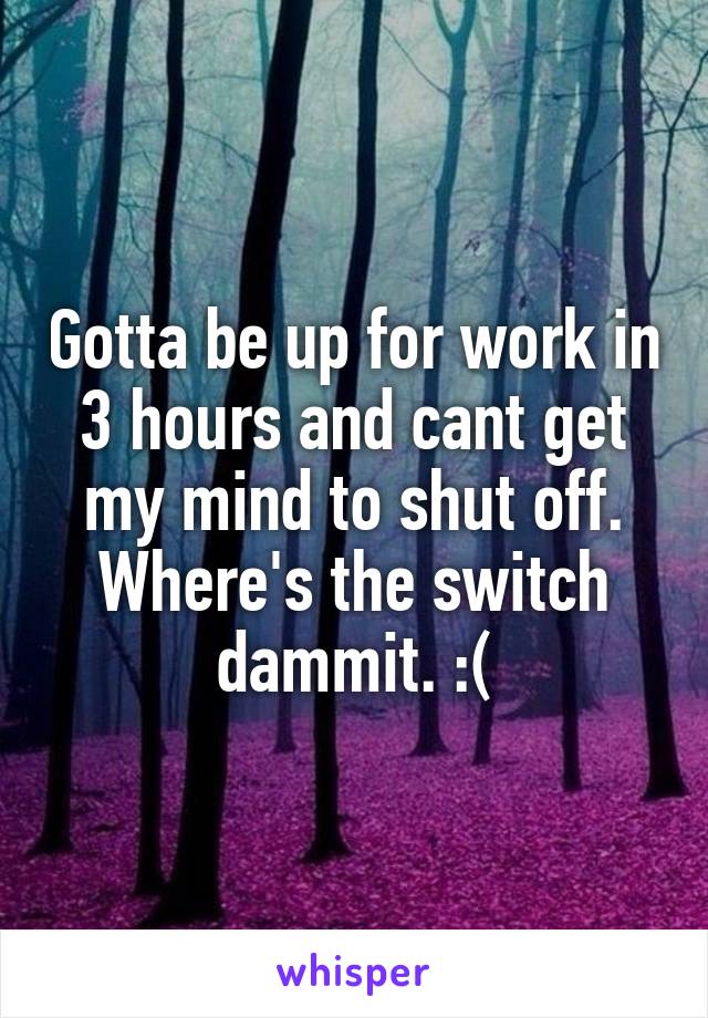 Gotta be up for work in 3 hours and cant get my mind to shut off. Where's the switch dammit. :(