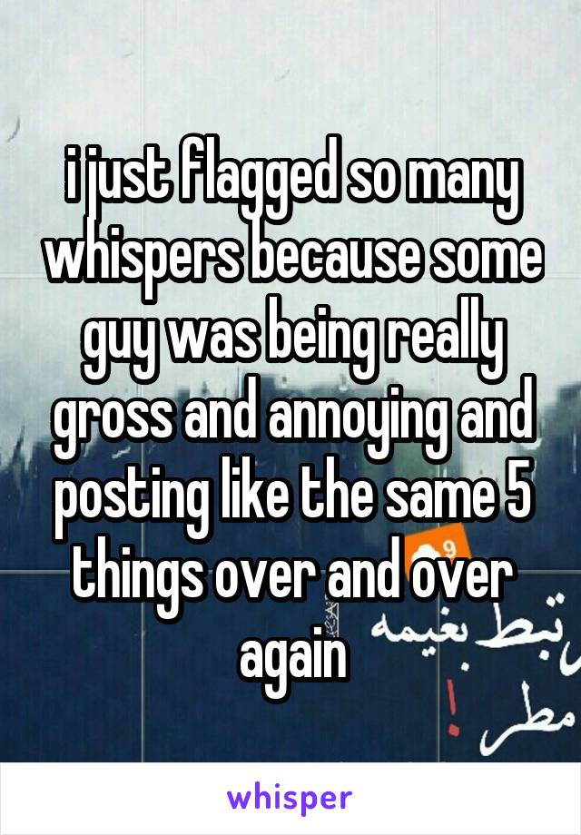 i just flagged so many whispers because some guy was being really gross and annoying and posting like the same 5 things over and over again