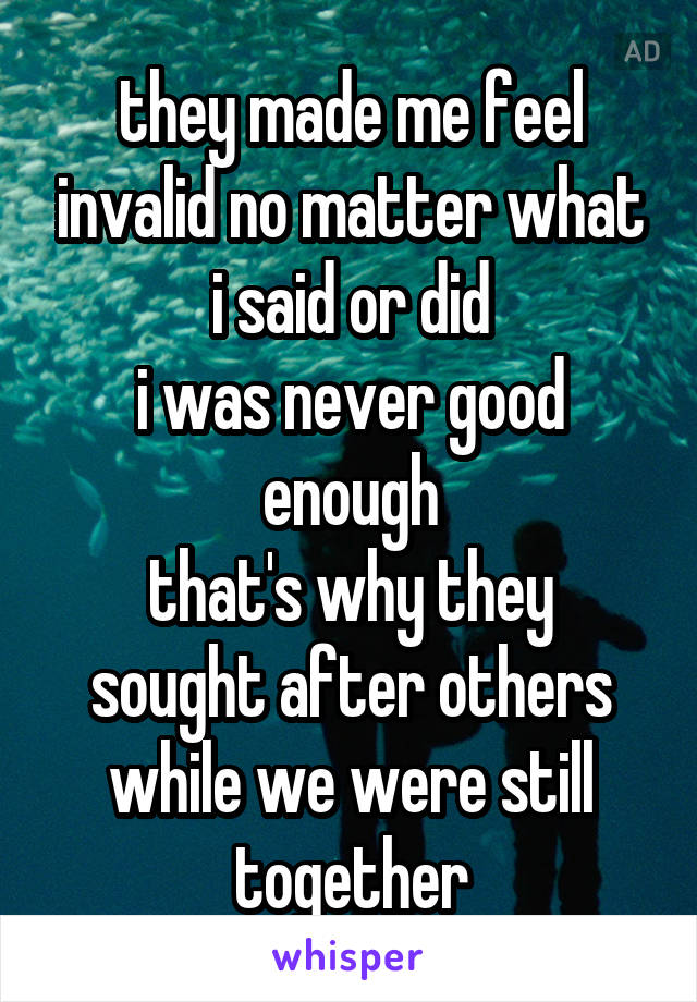 they made me feel invalid no matter what i said or did
i was never good enough
that's why they sought after others while we were still together