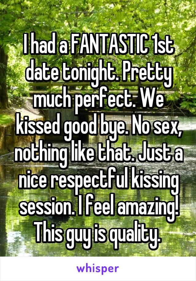 I had a FANTASTIC 1st date tonight. Pretty much perfect. We kissed good bye. No sex, nothing like that. Just a nice respectful kissing session. I feel amazing! This guy is quality. 