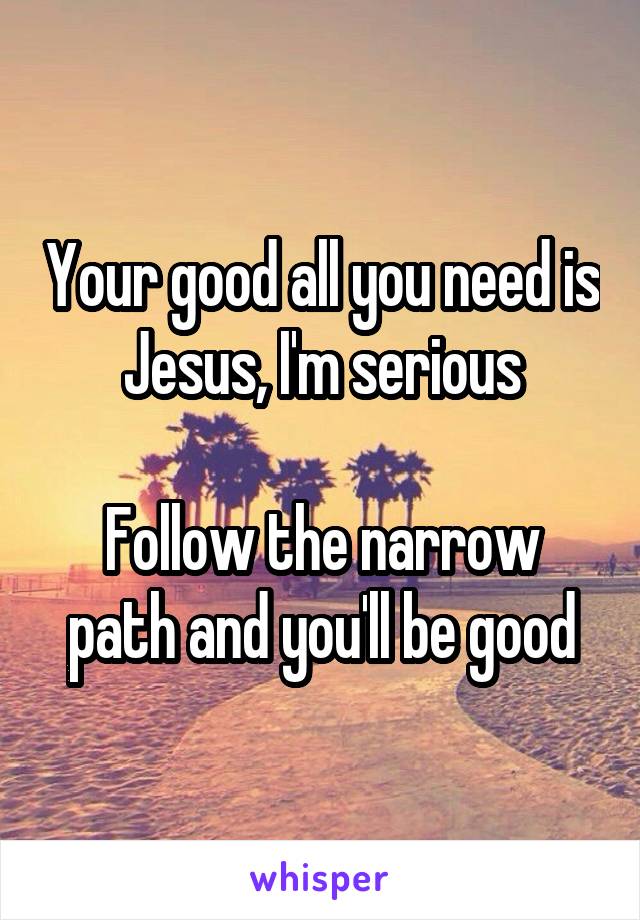 Your good all you need is Jesus, I'm serious

Follow the narrow path and you'll be good