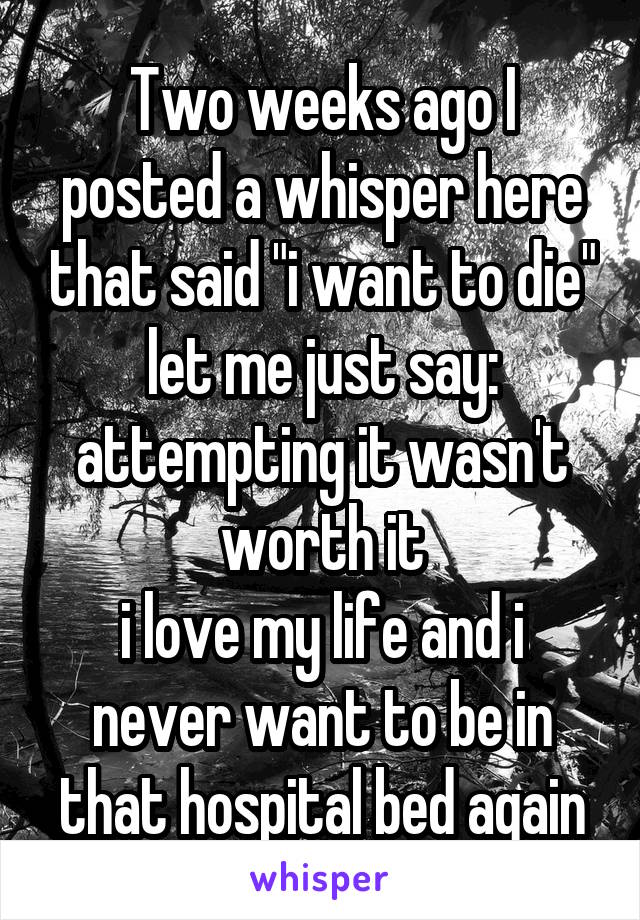 Two weeks ago I posted a whisper here that said "i want to die" let me just say: attempting it wasn't worth it
i love my life and i never want to be in that hospital bed again