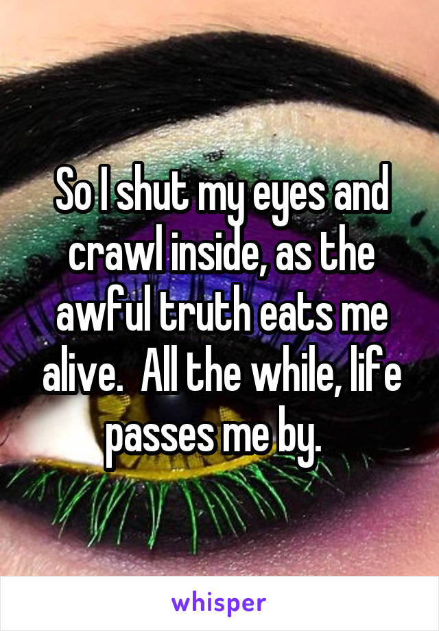 So I shut my eyes and crawl inside, as the awful truth eats me alive.  All the while, life passes me by.  