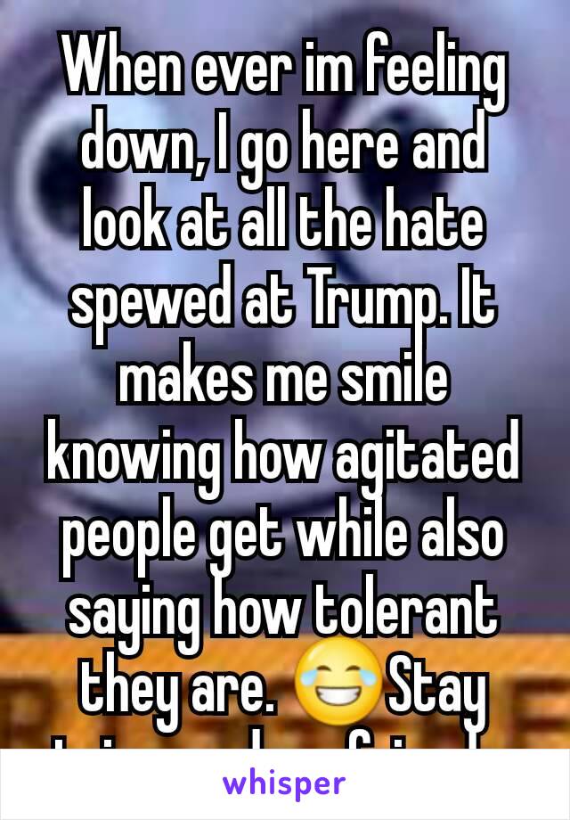 When ever im feeling down, I go here and look at all the hate spewed at Trump. It makes me smile knowing how agitated people get while also saying how tolerant they are. 😂Stay triggered my friends 