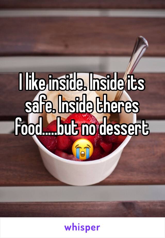 I like inside. Inside its safe. Inside theres food.....but no dessert 😭