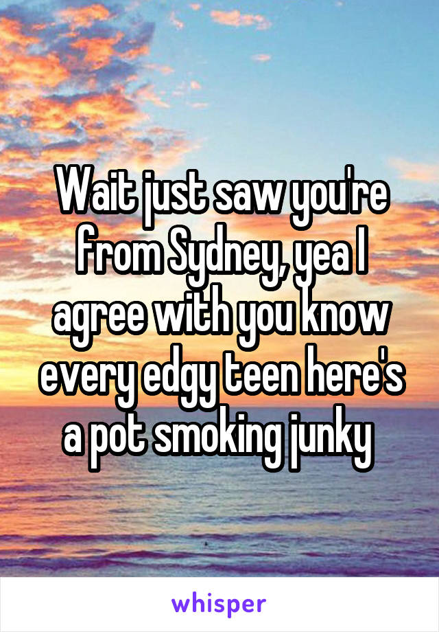 Wait just saw you're from Sydney, yea I agree with you know every edgy teen here's a pot smoking junky 