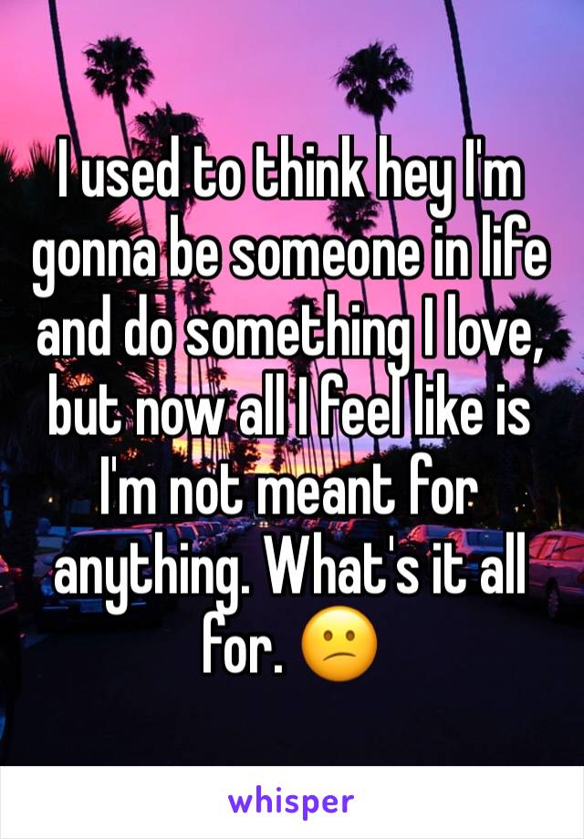 I used to think hey I'm gonna be someone in life and do something I love, but now all I feel like is I'm not meant for anything. What's it all for. 😕