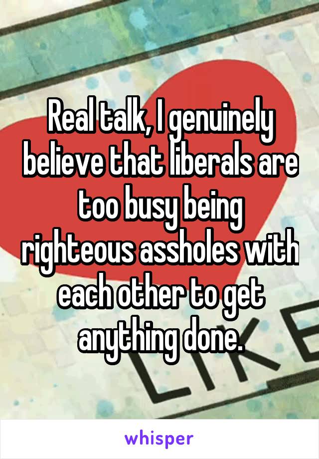 Real talk, I genuinely believe that liberals are too busy being righteous assholes with each other to get anything done.