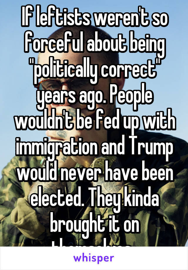 If leftists weren't so forceful about being "politically correct" years ago. People wouldn't be fed up with immigration and Trump would never have been elected. They kinda brought it on themselves. 