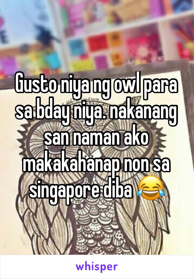 Gusto niya ng owl para sa bday niya. nakanang san naman ako makakahanap non sa singapore diba 😂