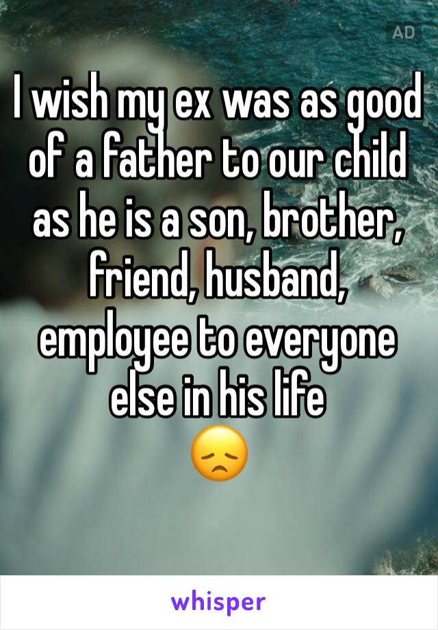 I wish my ex was as good of a father to our child as he is a son, brother, friend, husband, employee to everyone else in his life
😞
