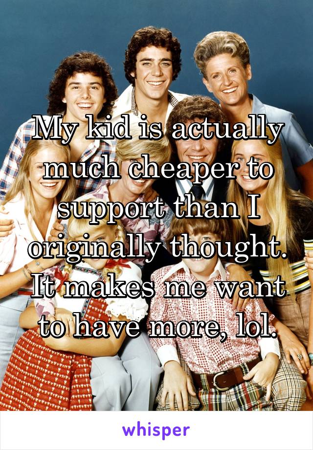 My kid is actually much cheaper to support than I originally thought. It makes me want to have more, lol.