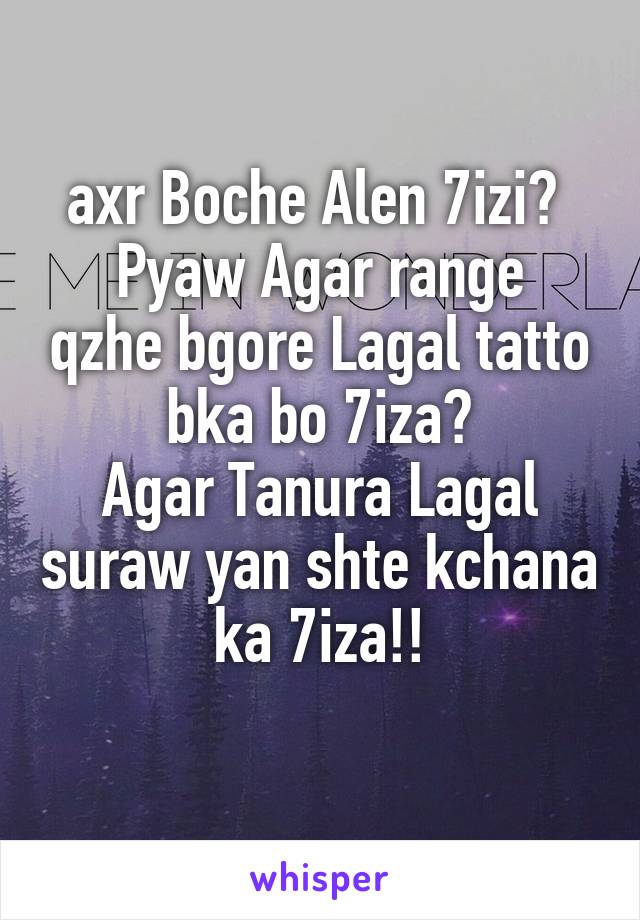 axr Boche Alen 7izi? 
Pyaw Agar range qzhe bgore Lagal tatto bka bo 7iza?
Agar Tanura Lagal suraw yan shte kchana ka 7iza!!
