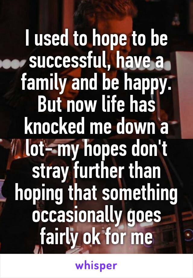 I used to hope to be successful, have a family and be happy. But now life has knocked me down a lot- my hopes don't stray further than hoping that something occasionally goes fairly ok for me