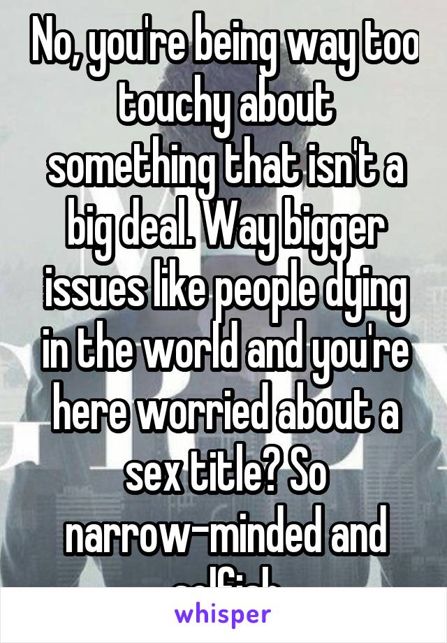 No, you're being way too touchy about something that isn't a big deal. Way bigger issues like people dying in the world and you're here worried about a sex title? So narrow-minded and selfish