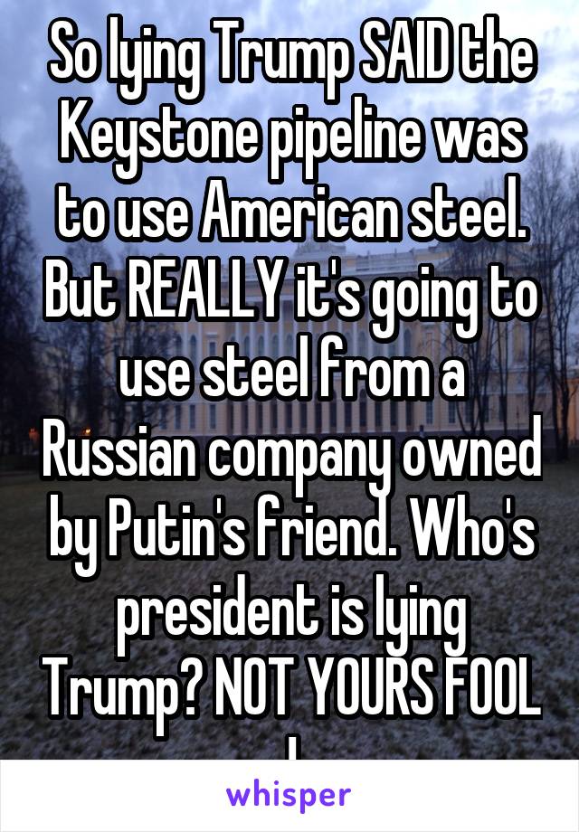 So lying Trump SAID the Keystone pipeline was to use American steel. But REALLY it's going to use steel from a Russian company owned by Putin's friend. Who's president is lying Trump? NOT YOURS FOOL !