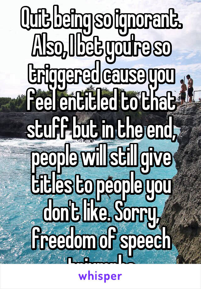 Quit being so ignorant. Also, I bet you're so triggered cause you feel entitled to that stuff but in the end, people will still give titles to people you don't like. Sorry, freedom of speech triumphs