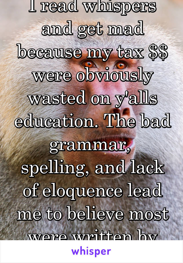 I read whispers and get mad because my tax $$ were obviously wasted on y'alls education. The bad grammar,  spelling, and lack of eloquence lead me to believe most were written by illiterate baboons. 