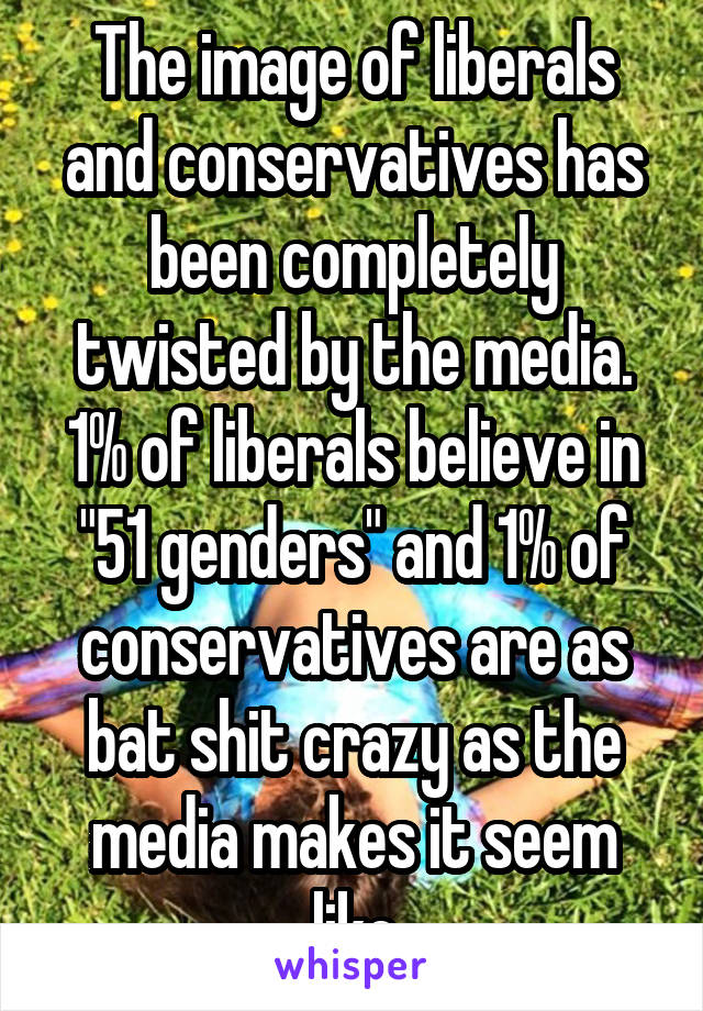 The image of liberals and conservatives has been completely twisted by the media. 1% of liberals believe in "51 genders" and 1% of conservatives are as bat shit crazy as the media makes it seem like