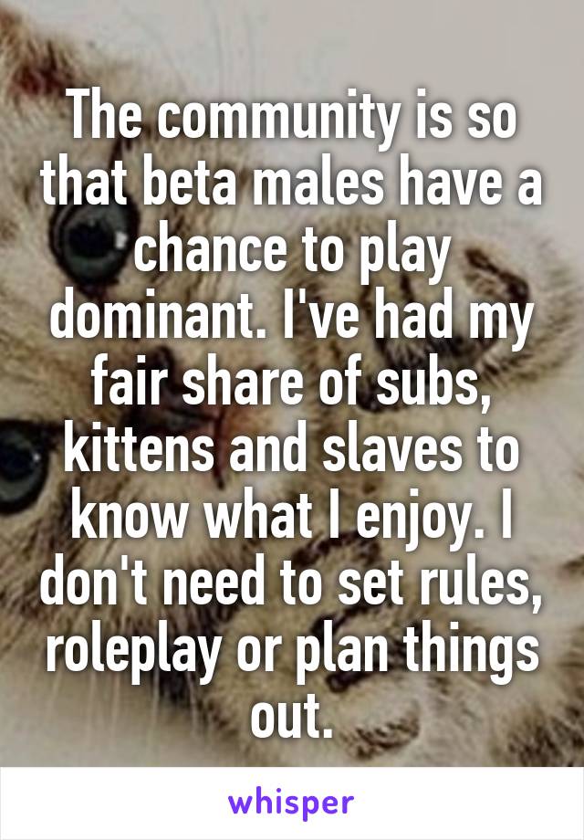 The community is so that beta males have a chance to play dominant. I've had my fair share of subs, kittens and slaves to know what I enjoy. I don't need to set rules, roleplay or plan things out.