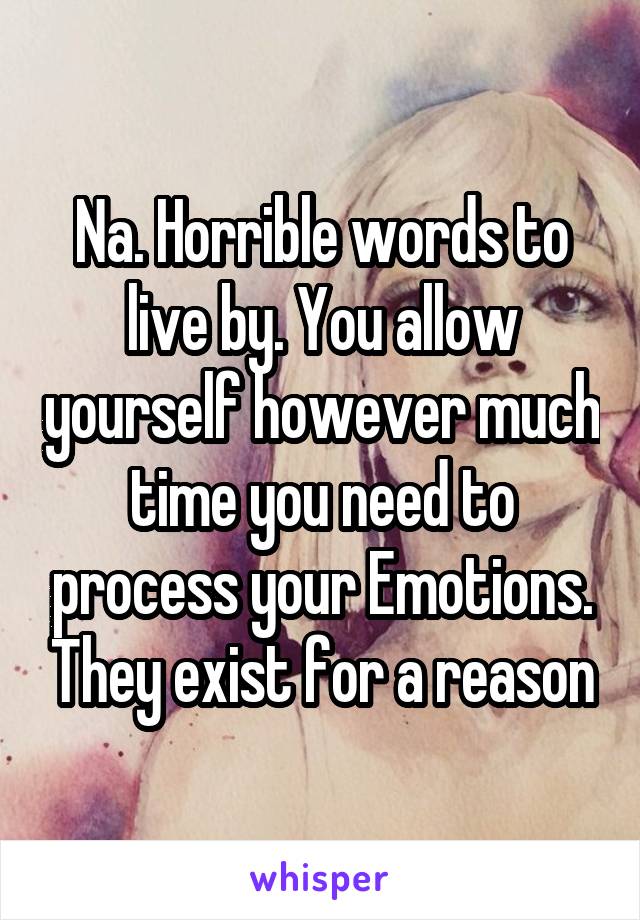 Na. Horrible words to live by. You allow yourself however much time you need to process your Emotions. They exist for a reason