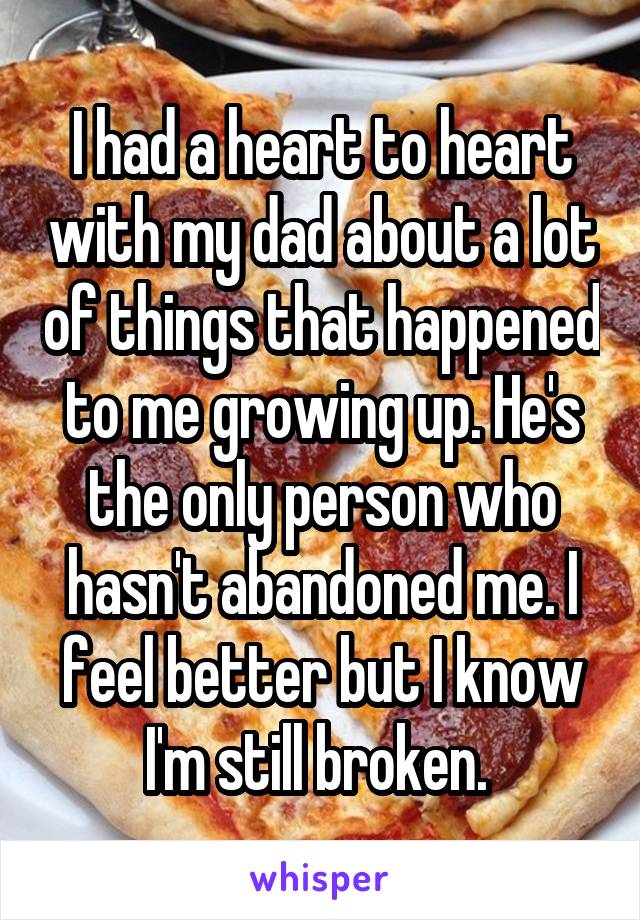 I had a heart to heart with my dad about a lot of things that happened to me growing up. He's the only person who hasn't abandoned me. I feel better but I know I'm still broken. 