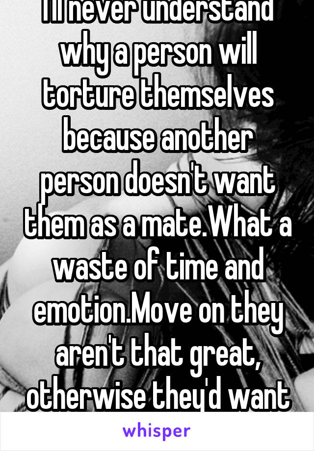 I'll never understand why a person will torture themselves because another person doesn't want them as a mate.What a waste of time and emotion.Move on they aren't that great, otherwise they'd want you