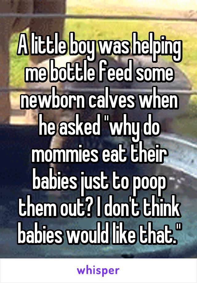 A little boy was helping me bottle feed some newborn calves when he asked "why do mommies eat their babies just to poop them out? I don't think babies would like that."