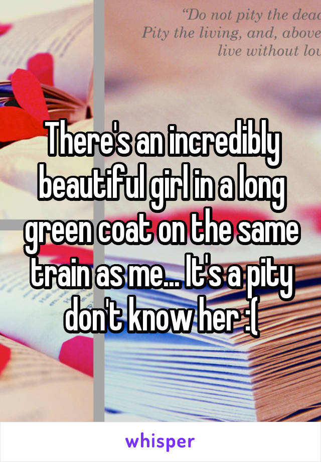 There's an incredibly beautiful girl in a long green coat on the same train as me... It's a pity don't know her :(